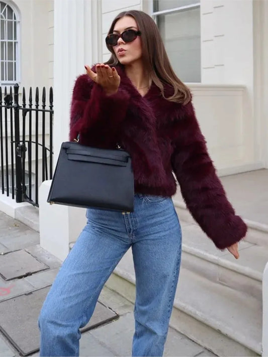 ז'קט דמוי פרווה קצר בורדו – Retro Burgundy